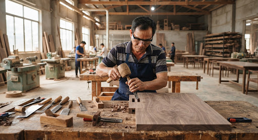 Nghệ nhân mộc lành nghề đang gia công tỉ mỉ từng chi tiết mộng gỗ óc chó tự nhiên tại xưởng sản xuất nội thất quy mô lớn ở Bắc Giang, ánh sáng tự nhiên rọi vào các phôi gỗ thô có vân sóng cuộn tròn tuyệt đẹp.