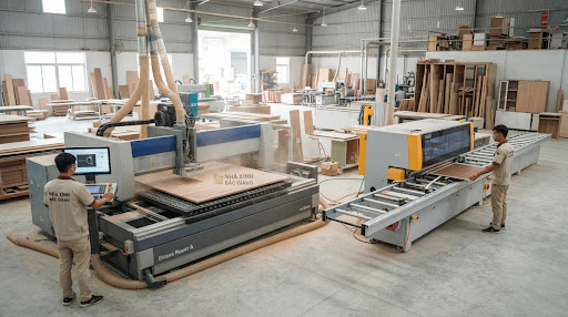 Hệ thống máy cắt CNC trung tâm và máy dán cạnh tự động công nghiệp hiện đại hoạt động chính xác trong xưởng gia công nội thất gỗ cao cấp tại Bắc Giang.