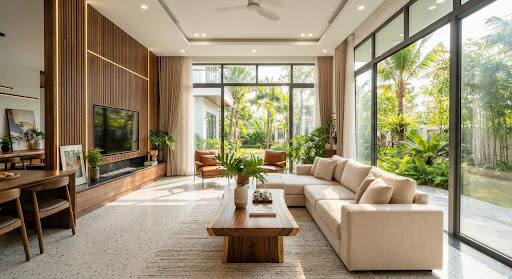 Phòng khách biệt thự hiện đại sang trọng tại Bắc Giang với vách ốp gỗ óc chó tự nhiên thanh nan lam, sofa nỉ góc màu kem be êm ái, bàn trà gỗ tự nhiên nguyên khối, sàn đá mài terrazzo cao cấp và cửa kính lớn nhìn ra sân vườn nhiệt đới nhiều cây xanh ngập nắng.